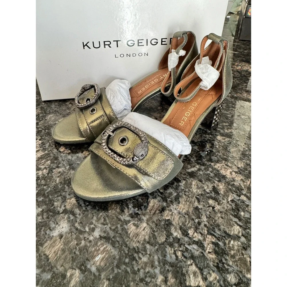 Kurt Geiger London Metallic Gold‎ Crystal Heel Eagle Buckle Sandals Womens 36